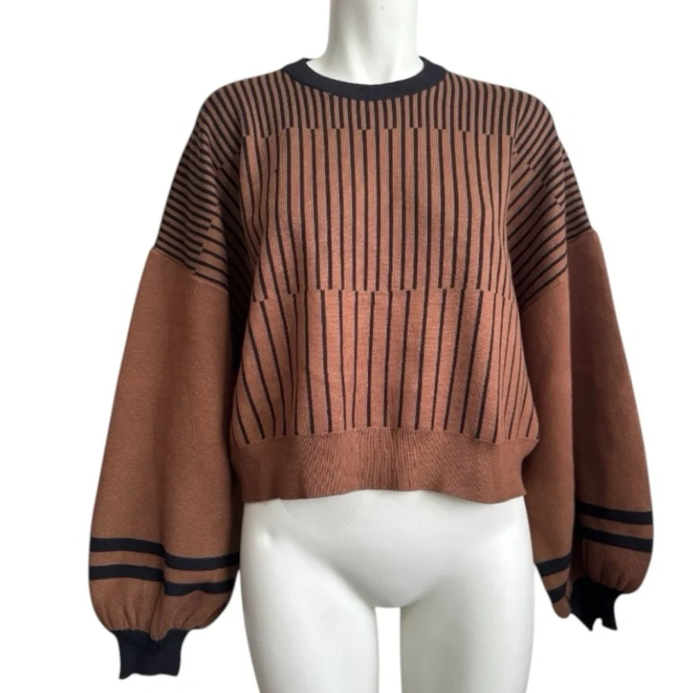 PHILOSOPHY boxy cropped striped crew neck sweater - brown & black - women medium